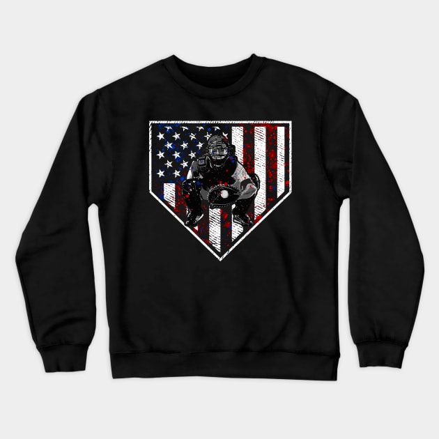 Baseball Catcher Home Plate American Flag Patriotic Baseball Catcher Shirt Crewneck Sweatshirt by TeeCreations